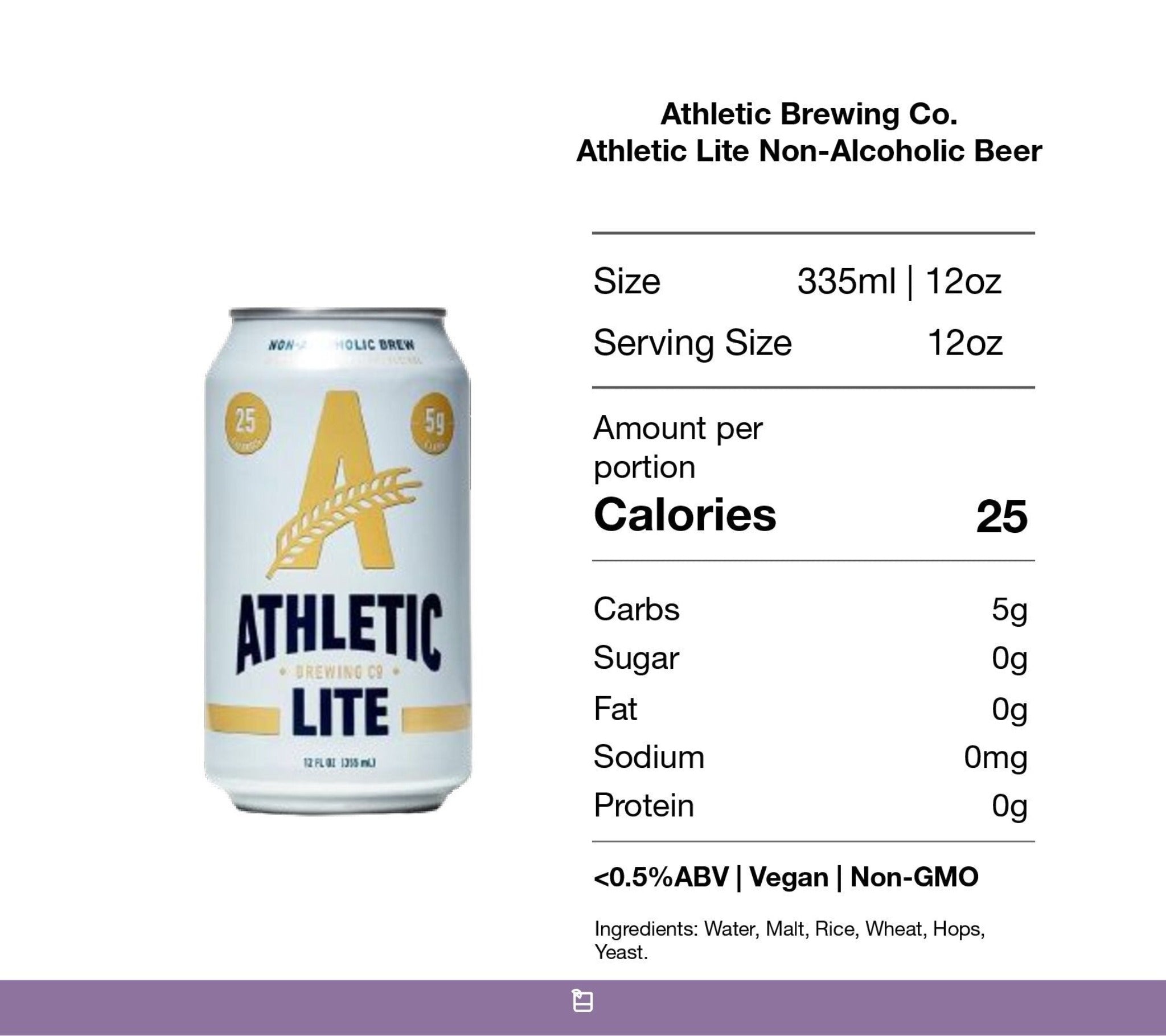 Athletic Brewing Athletic Lite Non-Alcoholic Light Beer Nutrition