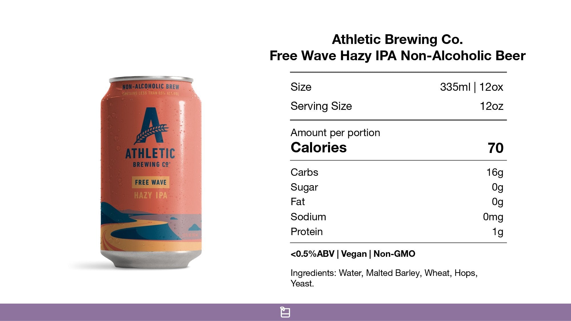 Athletic Brewing Free Wave Hazy IPA Non-Alcoholic Beer Nutrition
