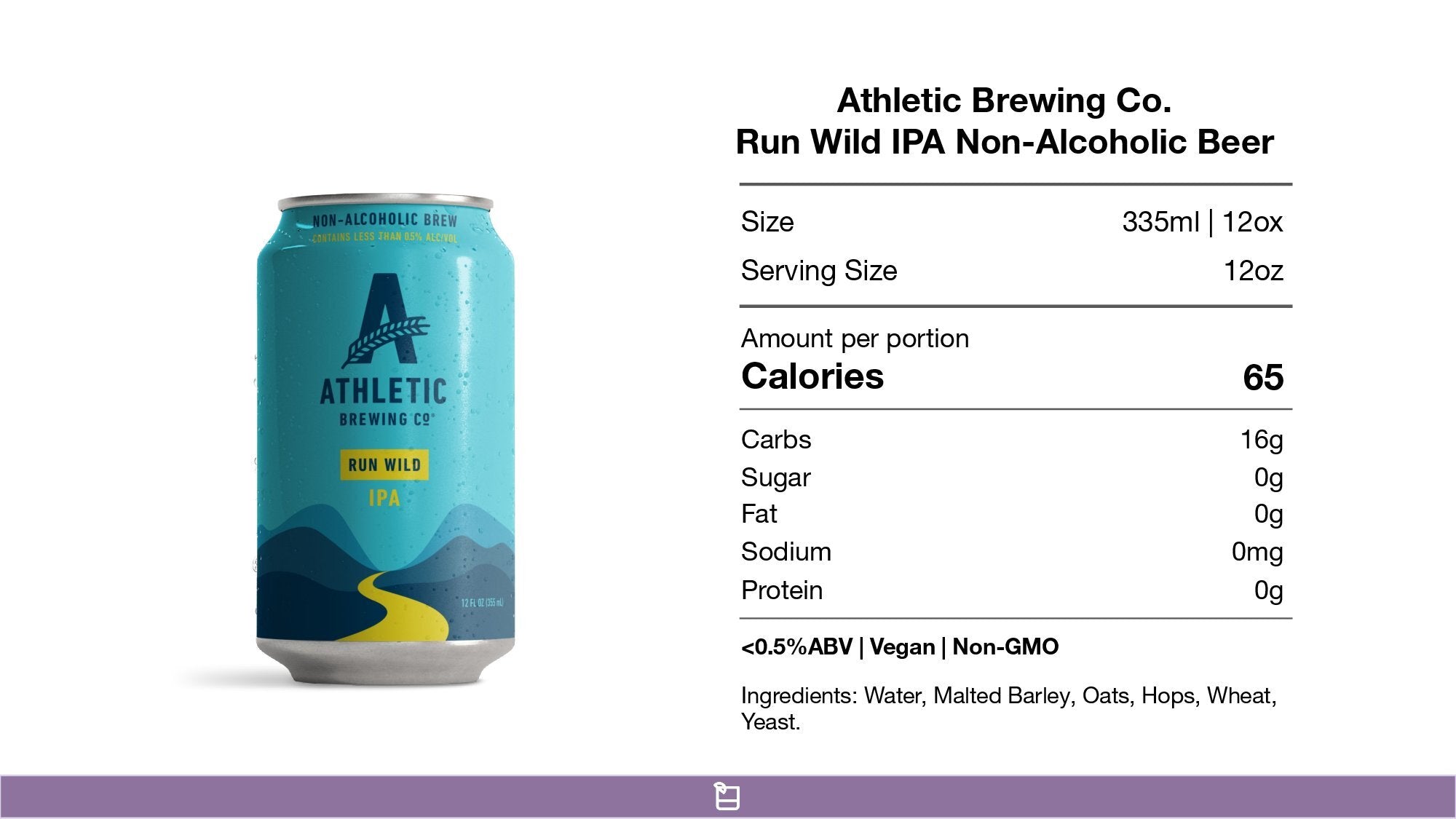 Athletic Brewing Run Wild IPA Non-Alcoholic Beer Nutrition