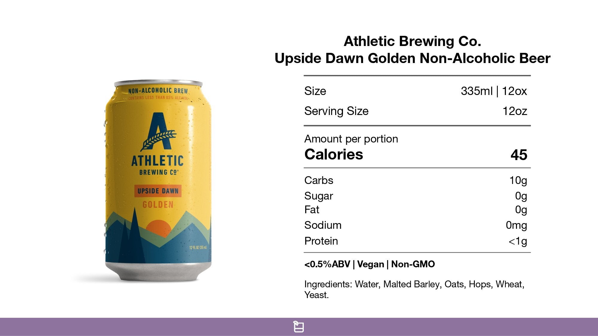 Athletic Brewing Upside Dawn Golden Ale Non-Alcoholic Beer Nutrition